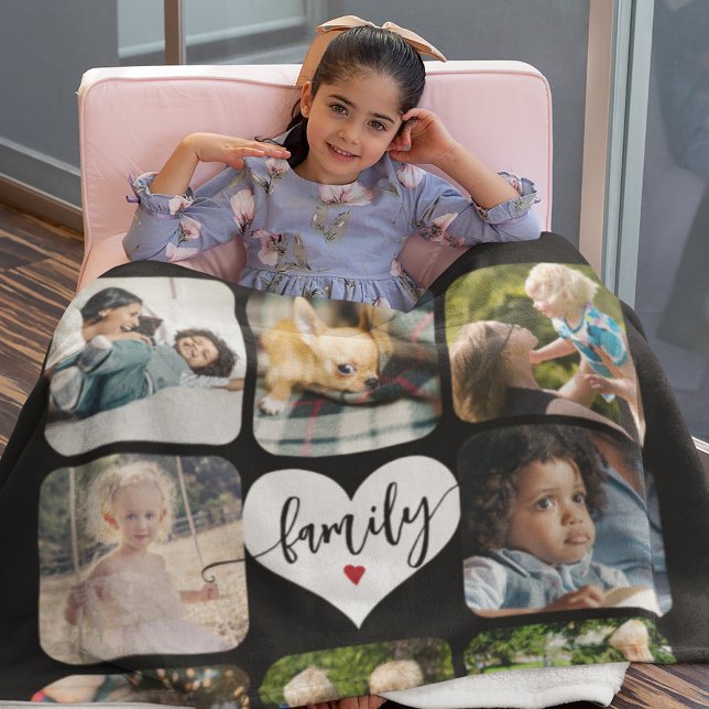 Modern 11 photo collage family script personalised fleece blanket (Creator Uploaded)