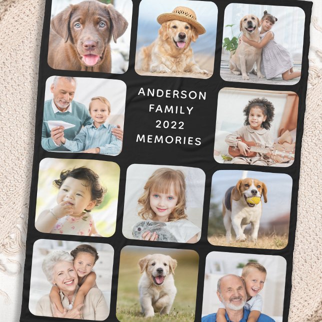 Modern 11 Photo Collage Personalised Black Fleece Blanket (Creator Uploaded)
