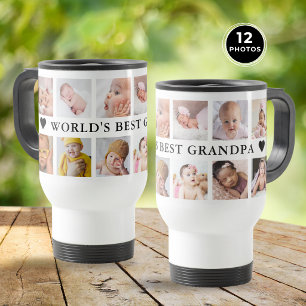 Modern 12 Photo Collage Black World's Best Grandpa Travel Mug