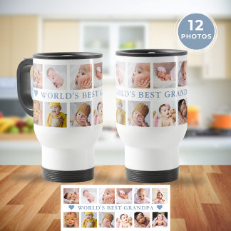 Modern 12 Photo Collage Blue World's Best Grandpa Travel Mug
