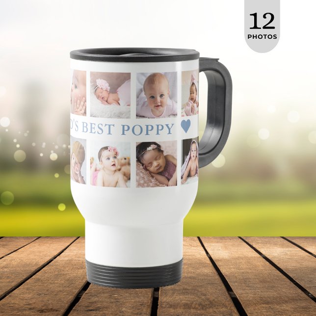 Modern 12 Photo Collage Blue World's Best Poppy Travel Mug (Creator Uploaded)