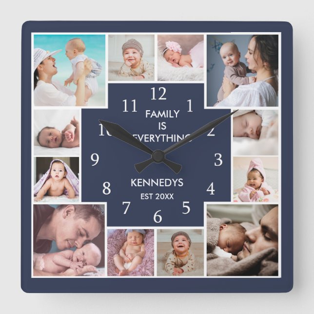 Modern 12 Photo Collage Family Quote Blue  Square Wall Clock (Front)