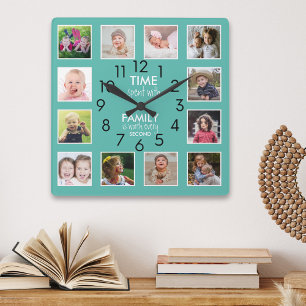 Modern 12 Photo Collage Family Time Quote Teal Square Wall Clock