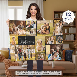 Modern 12 Photo Collage Script Family Name Fleece Blanket