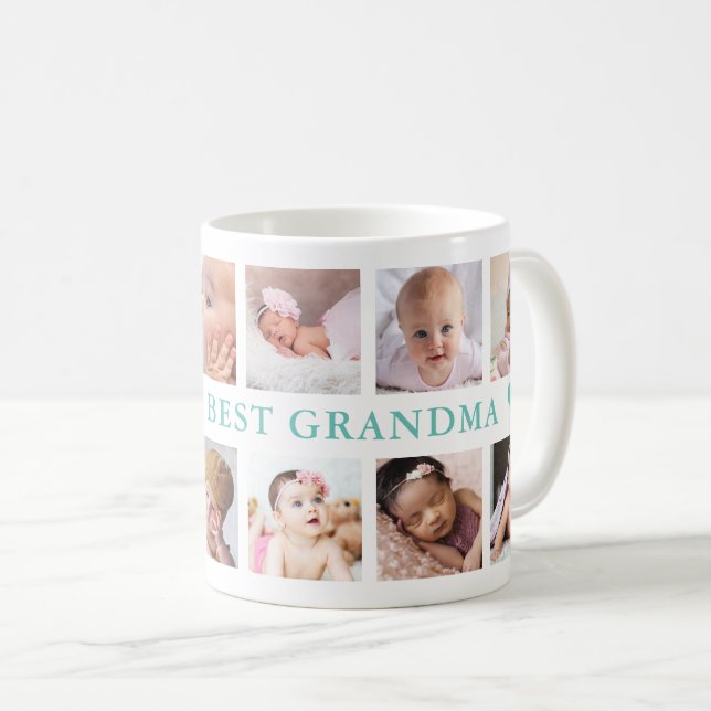 Modern 12 Photo Collage Teal World's Best Grandma Coffee Mug (Front Right)