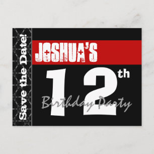 Modern 12th Birthday Save the Date Red Black V003 Announcement Postcard