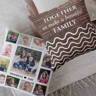 Modern 13 Photo Collage Family Quote Rustic Wood Cushion