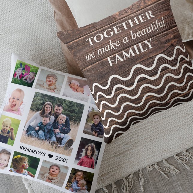 Modern 13 Photo Collage Family Quote Rustic Wood  Cushion (Creator Uploaded)