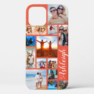 Modern 13 Photo Collage Script Name Coral Orange iPhone 12 Case