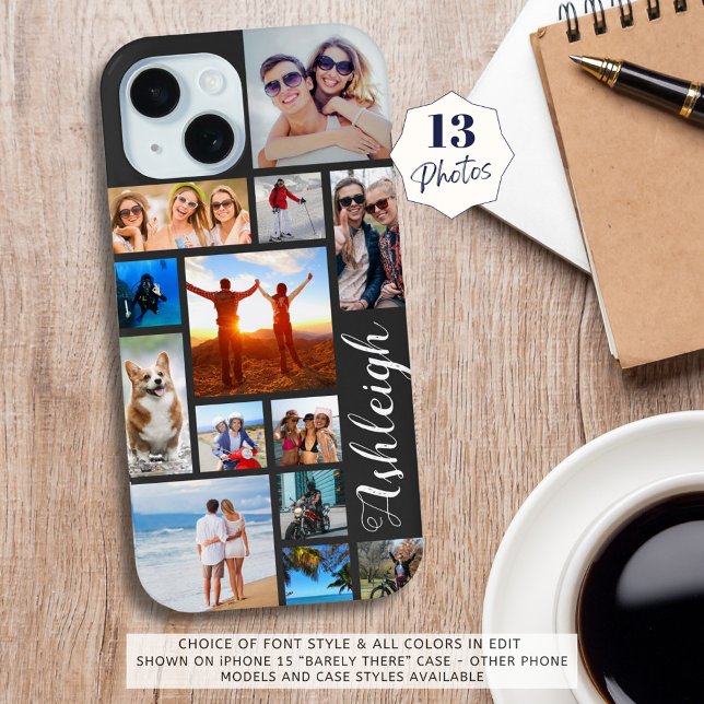 Modern 13 Photo Collage Script Name Custom Color iPhone 15 Case (Creator Uploaded)