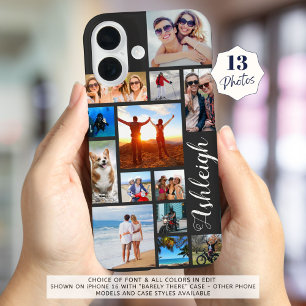 Modern 13 Photo Collage Script Name Custom Colour iPhone 16 Case