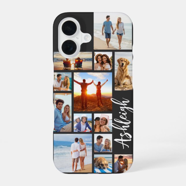 Modern 13 Photo Collage Script Name Your Colour iPhone 16 Case (Back)
