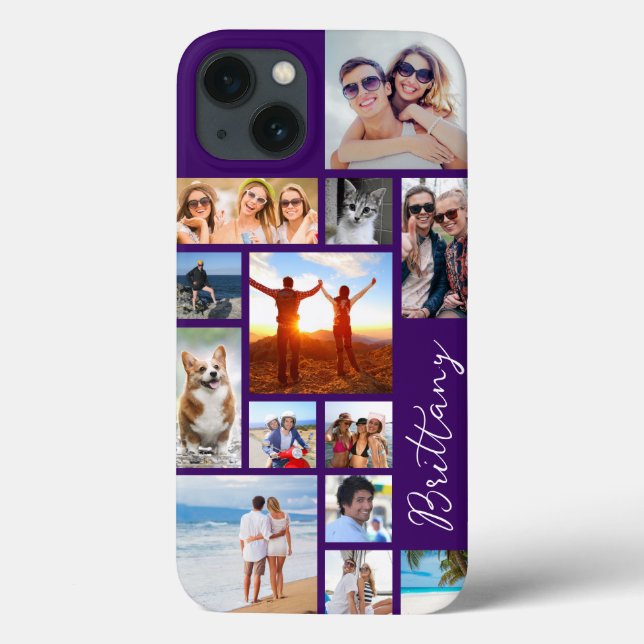 Modern 13 Photo Collage Signature Name Your Colour Case-Mate iPhone Case (Back)