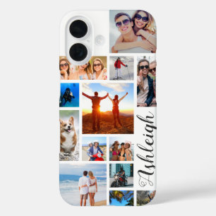 Modern 13 Photo Collage Stylish Name Custom Colour iPhone 16 Case