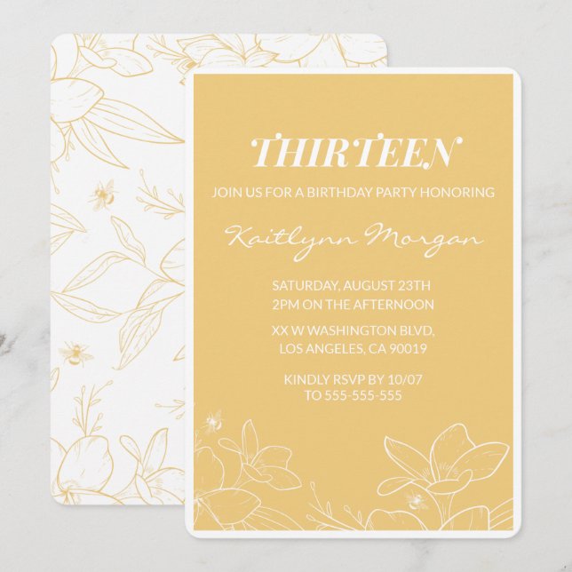 Modern 13th birthday invitations Floral Yellow (Front/Back)