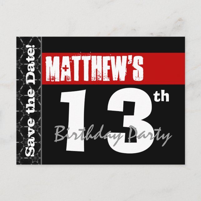 Modern 13th Birthday Save the Date Red Black V004 Announcement Postcard (Front)