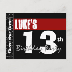 Modern 13th Birthday Save the Date Red Black V03 Announcement Postcard
