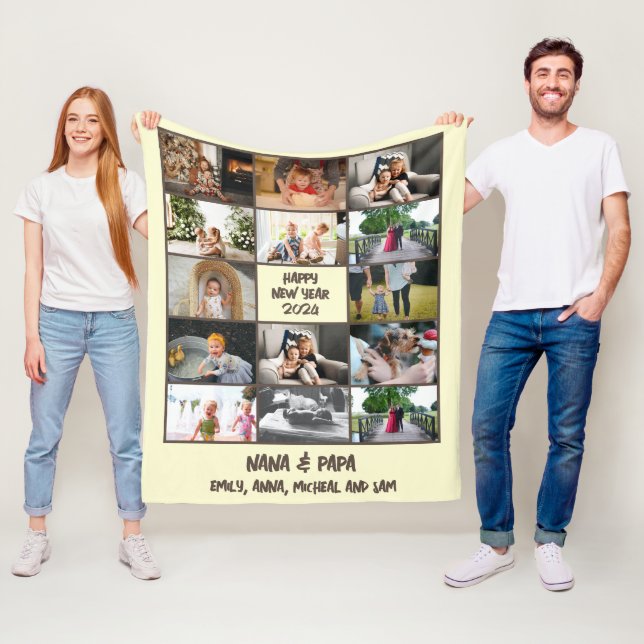 Modern 14 Photo Collage New Year Gift Fleece Blanket (In Situ)