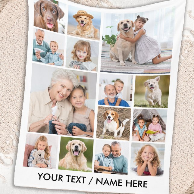 Modern 14 Photo Collage Personalised Family Pets Fleece Blanket (Creator Uploaded)