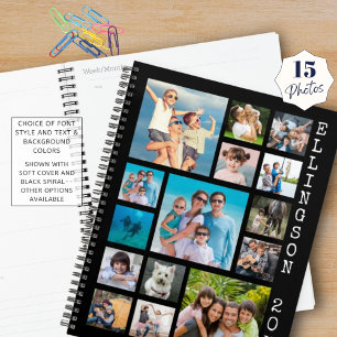 Modern 15 Photo Collage Family Black Personalised Planner