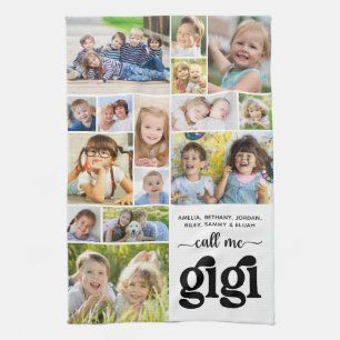 Modern 15 Photo Collage Names Call Me Gigi Tea Towel