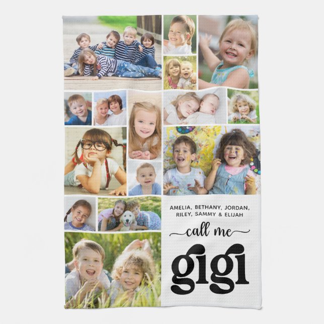 Modern 15 Photo Collage Names Call Me Gigi Tea Towel (Vertical)