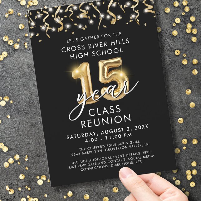 Modern 15 Year Class Reunion Black Gold Streamers Invitation (Creator Uploaded)