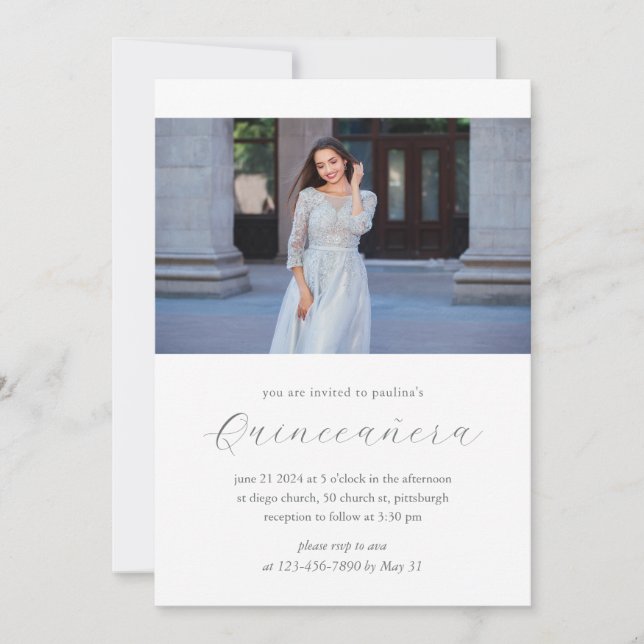 Modern 15 Years Birthday Quinceañera Photo White Invitation (Front)