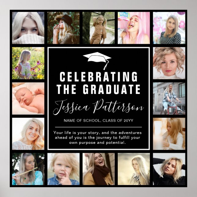 Modern 16 Insta Picture Collage Graduation Party Poster (Front)