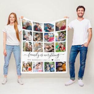 Modern 16 Photo Collage Quote Family Name    Fleece Blanket