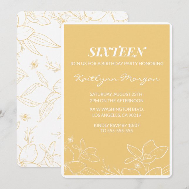 Modern 16th birthday invitations Floral Yellow (Front/Back)