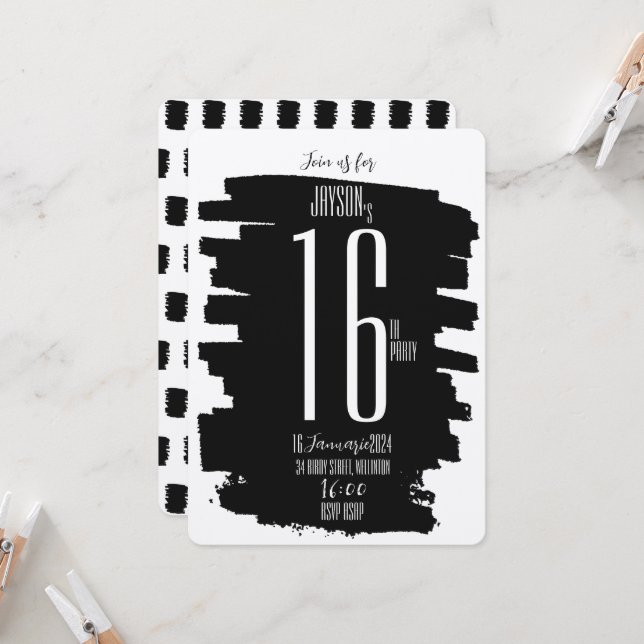 Modern 16th Birthday party invite (Front/Back In Situ)