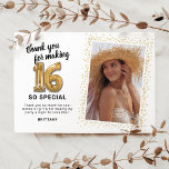 Modern 16th Birthday Photo Thank You Card<br><div class="desc">Elegant 16th birthday party thank you cards featuring a simple white background that can be changed to any colour,  a photo of the birthday girl / boy,  gold sparkly glitter,  sixteen gold hellium balloons,  and a modern thank you template that is easy to personalise.</div>