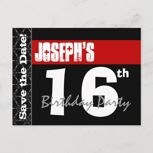 Modern 16th Birthday Save the Date Red Black V007 Announcement Postcard (Front)