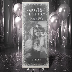 Modern 16th Birthday Silver & Black Glitter Retractable Banner