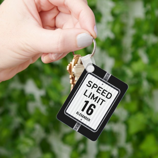 Modern 16th Birthday Speed Limit Sign Key Ring (Hand)