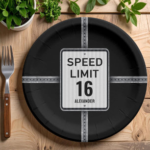Modern 16th Birthday Speed Sign Paper Plate
