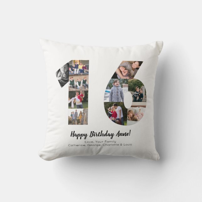 Modern 16th Number Photo Collage Custom Greeting Cushion (Front)