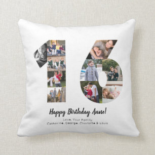 Modern 16th Number Photo Collage Custom Greeting Cushion