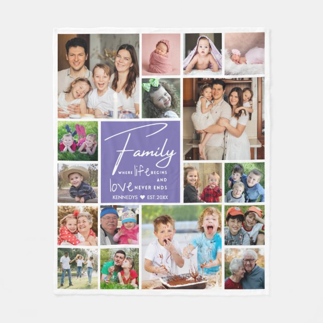 Modern 17 Photo Collage Family Name Purple Quote   Fleece Blanket (Front)