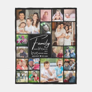 Modern 17 Photo Collage Family Name Quote Black Fleece Blanket