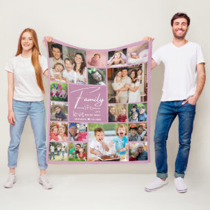 Modern 17 Photo Collage Family Name Quote Lavender Fleece Blanket
