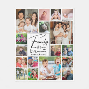 Modern 17 Photo Collage Family Name Quote  White Fleece Blanket