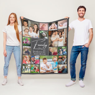 Modern 17 Photo Collage Family Quote Name Grey Fleece Blanket