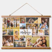 Modern 17 Photo Collage Monogram Script Name Hanging Tapestry (Front)
