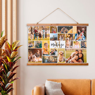 Modern 17 Photo Collage Monogram Script Name Hanging Tapestry