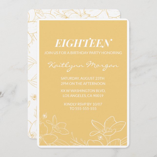 Modern 18th birthday invitations Floral Yellow (Front/Back)