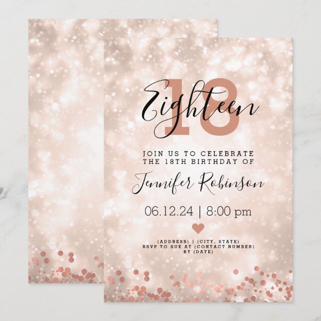 Modern 18th Birthday Party Rose Gold Sparkle Invitation (Front/Back)