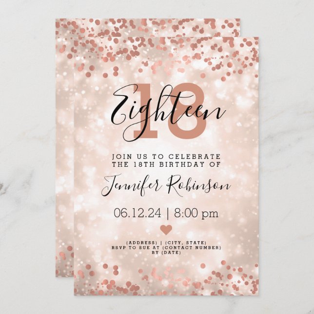Modern 18th Birthday Party Rose Gold Sparkle  Invitation (Front/Back)