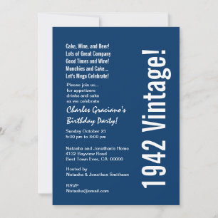 Modern 1942 Vintage Birthday Blue White Red Invitation